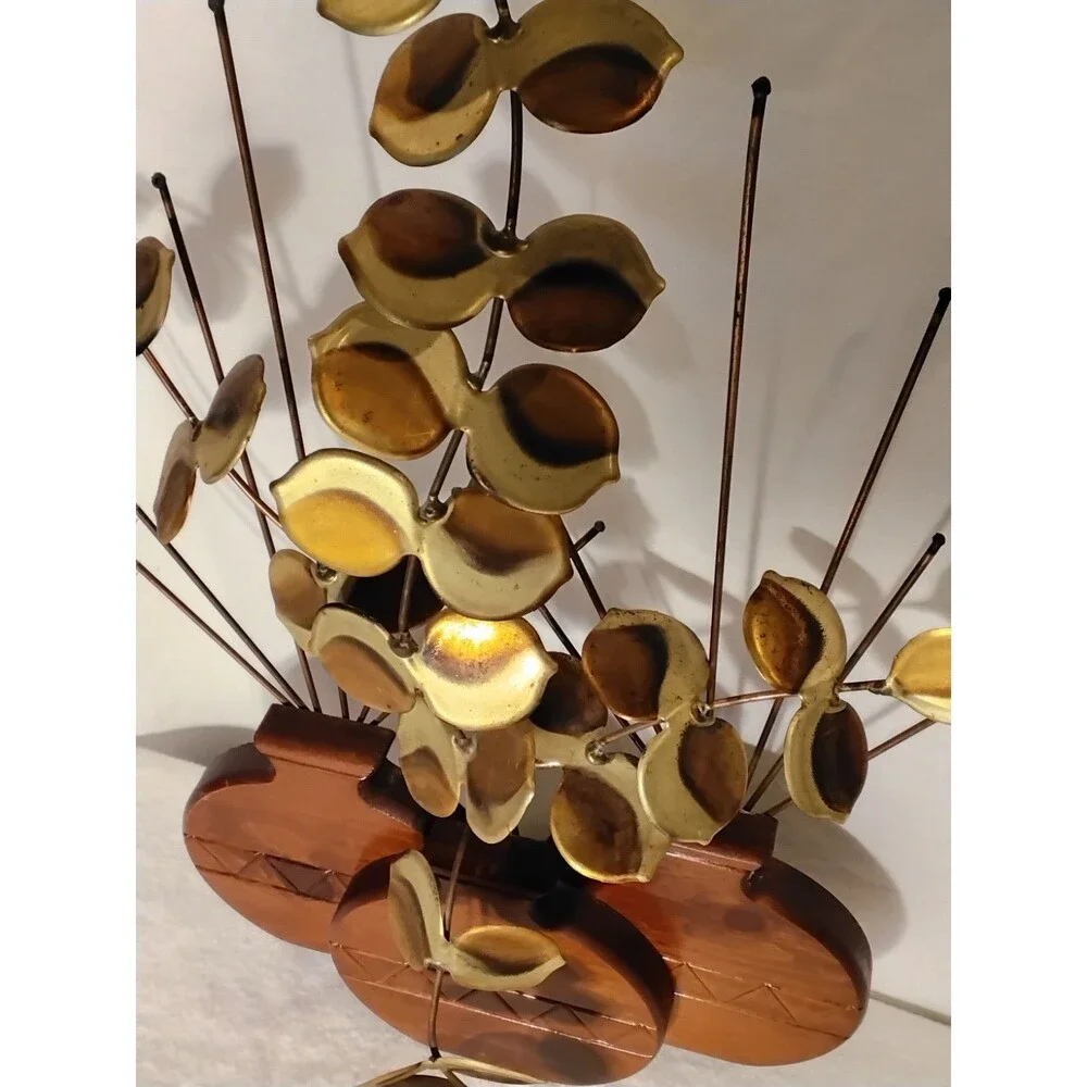 Vintage HOMCO Retro Brass Eucalyptus Leaves Sculpture Hopi Wood Planter
